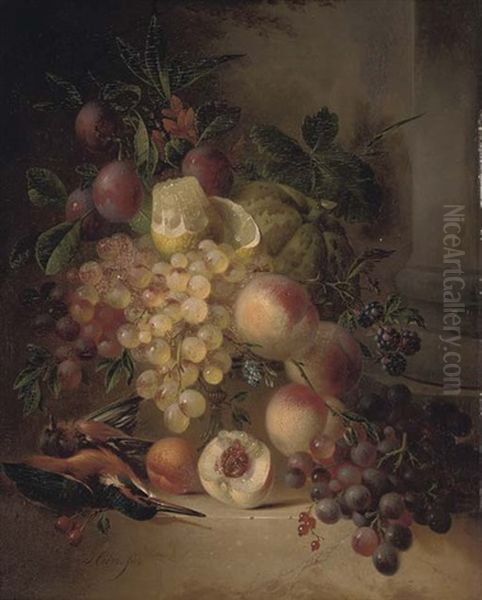 Grapes, A Lemon, Plums, Blackcurrants And Peaches In A Bowl With A Kingfisher And Chaffinch By A Pillar Oil Painting by Hendrik Jan Hein