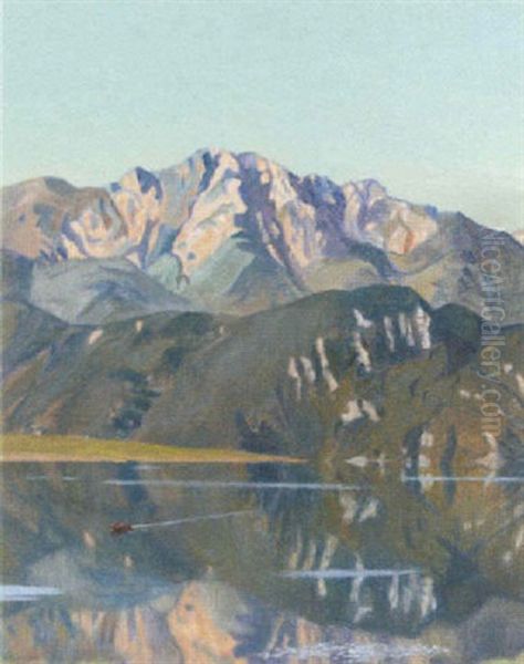 A Mountainous Lake Landscape Oil Painting by Thomas Theodor Heine