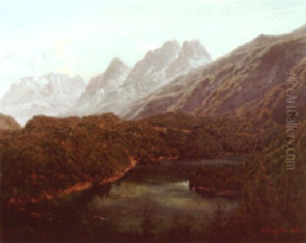 An Alpine View With Figures In A Boat On The River Oil Painting by Johann Baptiste Heinefetter