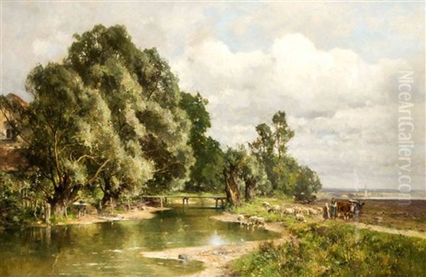 Schafhirtin Und Bauer Mit Ochsengespann In Bayerischer Flusslandschaft Oil Painting by Karl Adam Heinisch