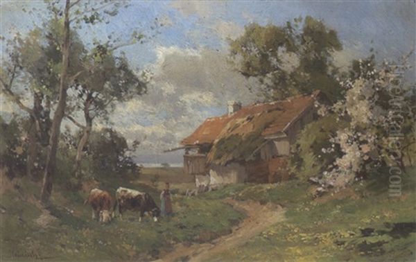 Bauernhof, Links Bauerin Mit Kuhen Oil Painting by Karl Adam Heinisch