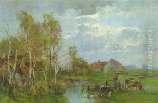 Bauerin Mit Kindern Und Vieh Auf Dem Steg Vor Dem Teich Oil Painting by Karl Adam Heinisch