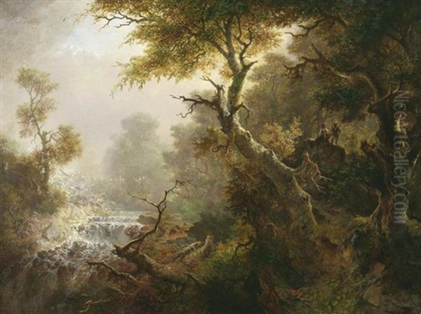 Zwei Jager Im Waldesdickicht Oil Painting by Heinrich Heinlein