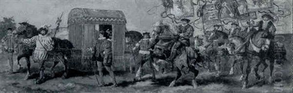 A Lady In A Palanquin And A Couple On A Painted Wagon Oil Painting by Armand Heins