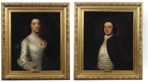 Portrait Of A Lady In A White Dress And Blue Wrap (+ Portrait Of A Gentleman In A Red Jacket; 2 Works) Oil Painting by John Theodore Heins