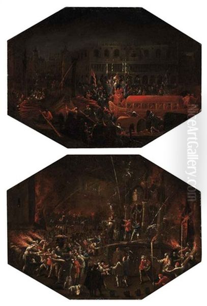 A Nocturnal View Of The Doge's Palace, Venice, With The Bucintoro Returning To The Molo On Ascension Day (+ A Carnival Scene In Venice; Pair) Oil Painting by Joseph The Elder Heintz