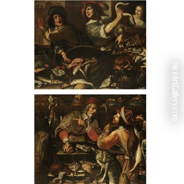 A Larder Still Life With Fish And Shellfish, Two Young Men Arguing Watched By A Girl Behind (+ Another; Pair) Oil Painting by Joseph The Elder Heintz