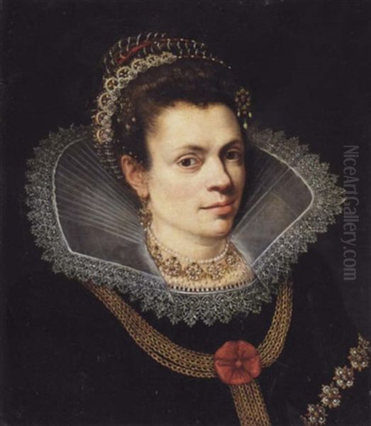 A Portrait Of A Lady Wearing A Black Dress, A White Ruff, A Pearl Necklace And A Diadem In Her Hair Oil Painting by Joseph The Elder Heintz