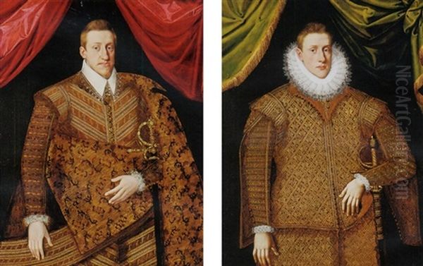 Portrait Of Archduke Ferdinand Von Habsburg, Subsequently Emperor Ferdinand Ii, In An Embroidered Tunic, Before A Red Curtain Oil Painting by Joseph The Elder Heintz