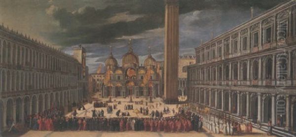 Venice, The Piazza San Marco With The Procession On The Feast Of Saint Mark Oil Painting by Joseph The Elder Heintz