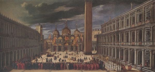 Venice, The Piazza San Marco With The Procession On The Feast Of Saint Mark Oil Painting by Joseph The Elder Heintz