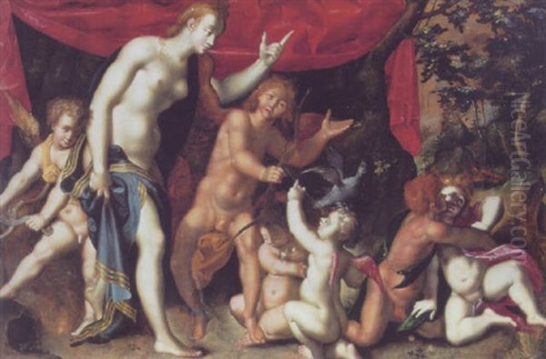 Venus, Cupido Og Sma Putti Som Sig Kysser Oil Painting by Joseph The Elder Heintz