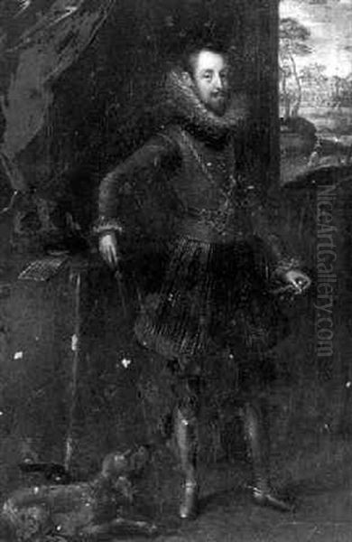 Portrait Of A Gentleman Standing Near An Open Window, A Dog At His Feet Oil Painting by Joseph The Elder Heintz