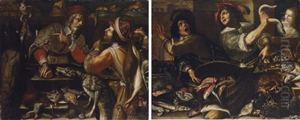 A Market Stall With A Dog, A Cat, A Peacock And Other Fowl (+ A Fishmonger Chasing Away A Thief; Pair) Oil Painting by Joseph Heintz the Younger