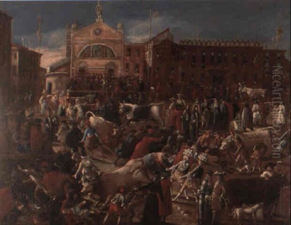 Die Stierjagd Auf Dem Campo San Polo In Venedig Oil Painting by Joseph Heintz the Younger