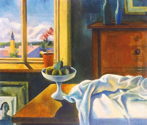 Still Life With The View Of Szentendre Oil Painting by Henrik Heintz