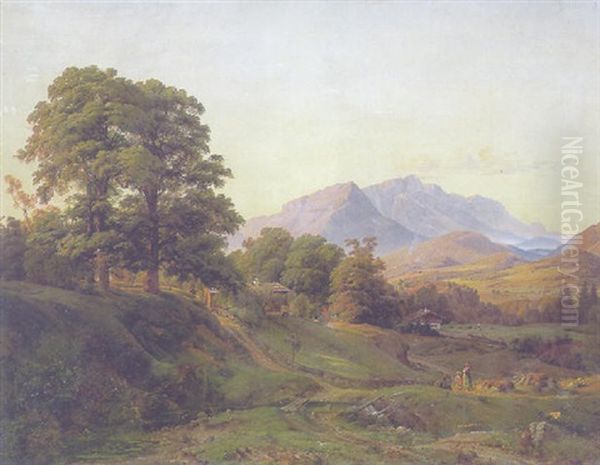 Oberbayerische Gebirgslandschaft Mit Einzelnen Hofen Und Hohen Baumgruppen Oil Painting by Carl Friedrich Heinzmann