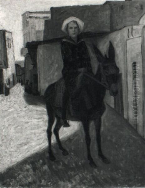 Young Boy On A Donkey Oil Painting by August Heitmueller