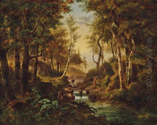 Woodland Steam With Waterfall Oil Painting by Joseph Antonio Hekking