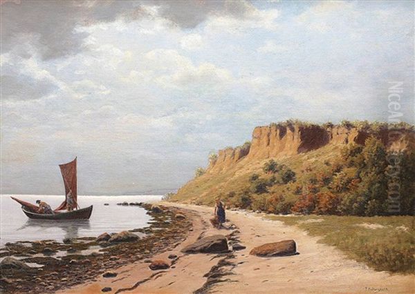 Weite Ostseekuste Mit Fischerboot Und Einer Frau Am Strand Oil Painting by Peter Helbig