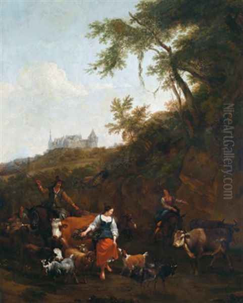 Heimkehrende Hirten Vor Burg Bentheim Oil Painting by Carl Ehrenfried Held