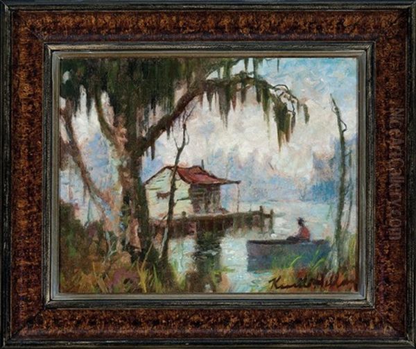 Lone Boat In Louisiana Swamp Oil Painting by Knute Heldner