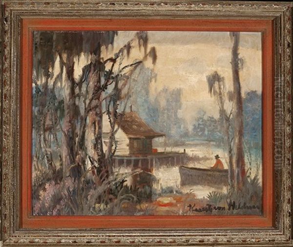 Cabin On The Bayou With A Man In A Pirogue Oil Painting by Knute Heldner