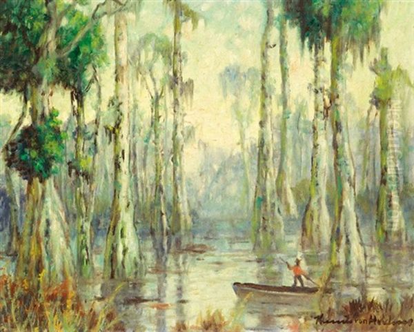 Louisiana Cypress Swamp With Fisherman In Pirogue Oil Painting by Knute Heldner