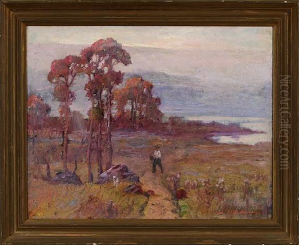 Riverbank View Of A Fisherman Heading Home Oil Painting by Knute Heldner