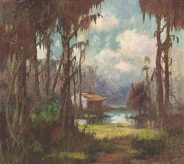 Swamp Scene With Cabin Oil Painting by Knute Heldner