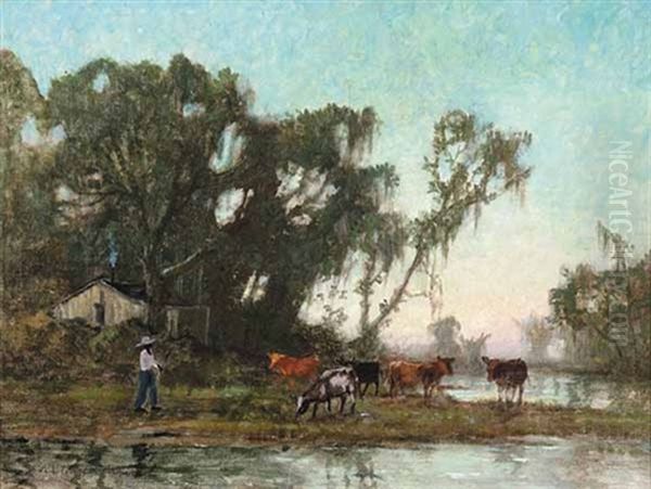 Black Man Herding Cattle Oil Painting by Knute Heldner