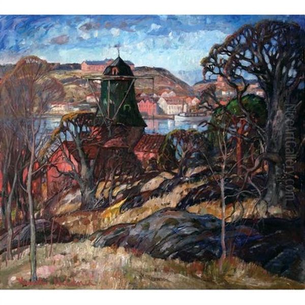 A View Of A Swedish Town Along A Riverbank Oil Painting by Knute Heldner