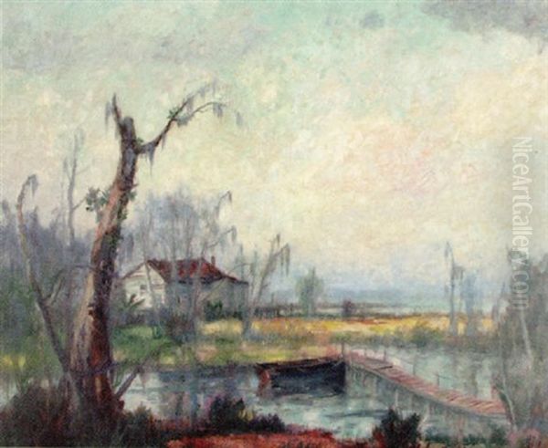 Bayou Scene With Cabin And Boats Oil Painting by Knute Heldner