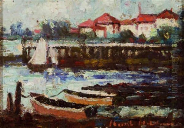 Lakefront Dock With Sailing And Fishing Boats Oil Painting by Knute Heldner
