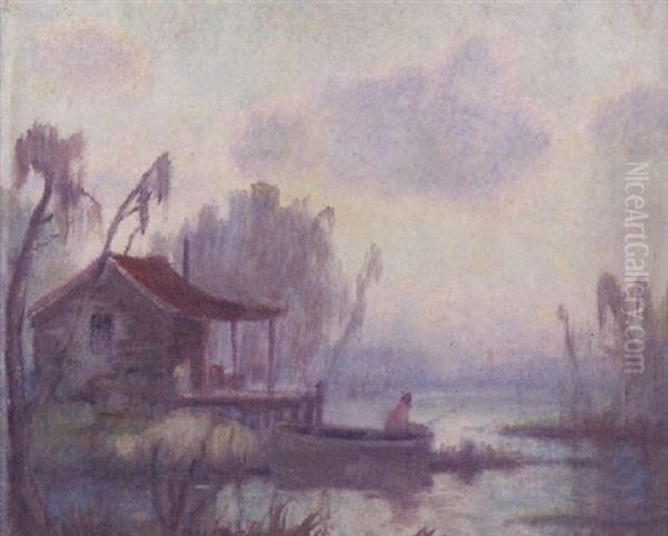 Bayou Scene With Fisherman And Cabin Oil Painting by Knute Heldner
