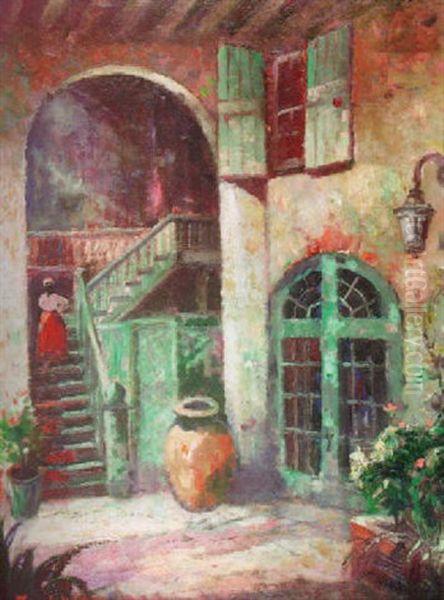 Arts And Crafts Courtyard Oil Painting by Knute Heldner