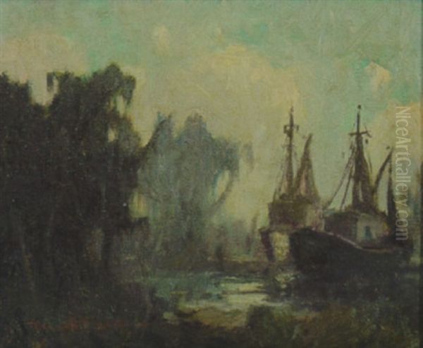 Shrimp Boats On Bayou Oil Painting by Knute Heldner