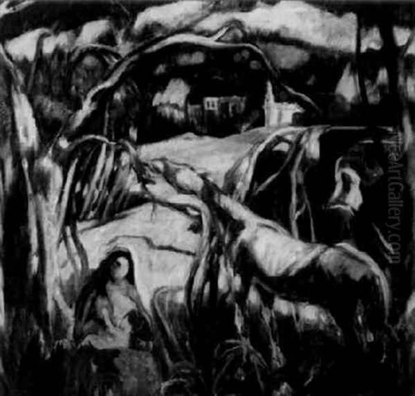 Helnder Family, Knute As Horse In Depression Era Landscape Oil Painting by Knute Heldner