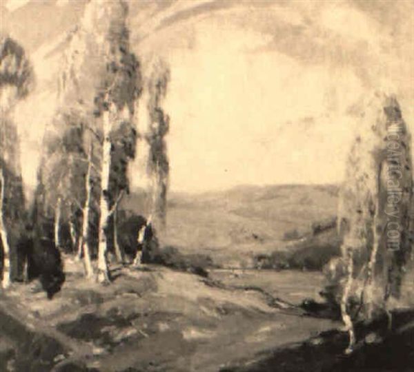 Birch Trees In An Autumn Landscape Oil Painting by Knute Heldner