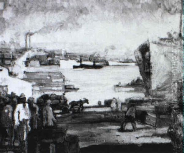 Dock Scene On The Mississippi River Oil Painting by Knute Heldner