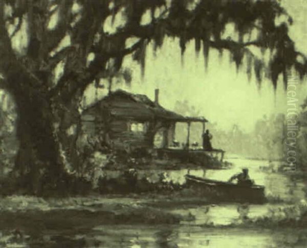Cajun Shack And Fisherman Oil Painting by Knute Heldner