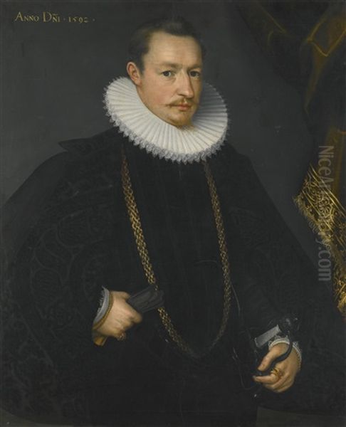 Portraits Of Karl Von Langemantel (d. 1610) Of Augsburg, And His Wife Korona Welser (d. 1650) (pair) Oil Painting by Abraham del Hele