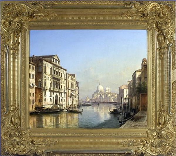 Canale Grande In Venedig - Blick Von Der Ponte Dell Accademia Auf Die Santa Maria Della Salute, Links Der Pallazzo Franchetti Oil Painting by Julius Helfft