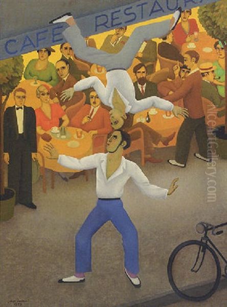 Acrobats On A Terrace Oil Painting by Johan Van Hell