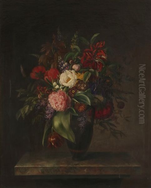 Stilleben Med Pioner, Valmueblomster Og Primler I En Gresk Vase Oil Painting by Hanne Hellesen