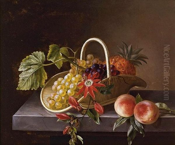 Still Life Of Fruit And Flowers In A Basket And Peaches, All Resting On A Marble Ledge Oil Painting by Hanne Hellesen