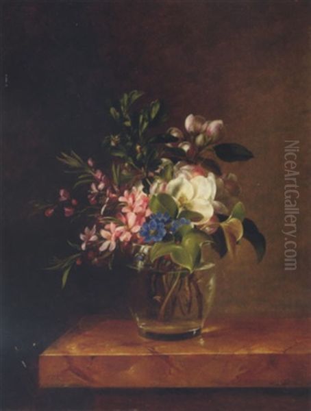 Spring Blossom In A Glass On A Marble Ledge Oil Painting by Hanne Hellesen
