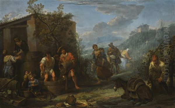 Landscape With Peasants Harvesting Grapes Oil Painting by Dirk Theodoor Helmbreker