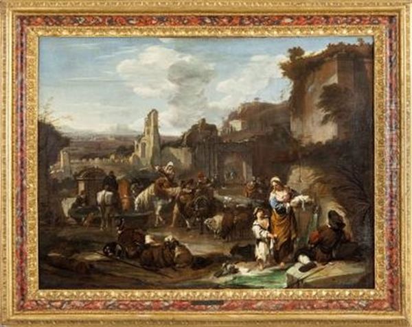 Popolani Alla Fonte Oil Painting by Dirk Theodoor Helmbreker