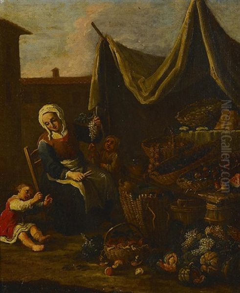 A Market Scene, Also A Companion Painting (a Pair) Oil Painting by Dirk Theodoor Helmbreker